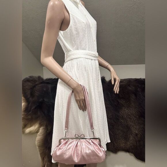 Pearlescent Pink Lambskin Handmade “Bow” Shaped Kisslock Slouchy Bag, Multi Use - Picture 11 of 16